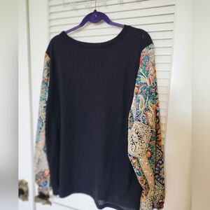 Women's Waffle Knit Shirt With Paisley Boho Sleeves 2x